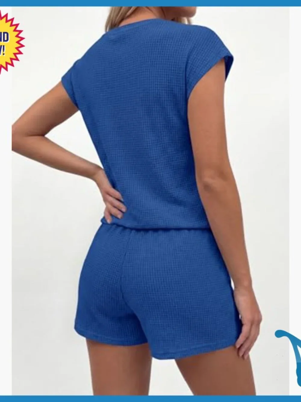 Waffle Knit Lounge Short Set Cap Sleeve Drawstring Pockets Medium
